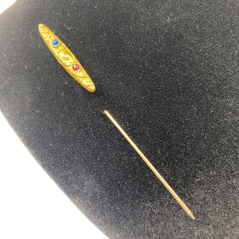 Vintage Gold Tone Stick Pin Red Blue Stones Victorian Style Ornate Lapel Pin 3"